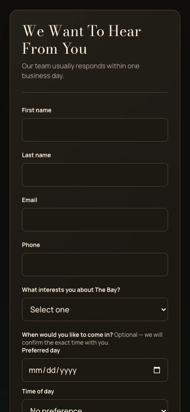 The implemented tour request: contact details, interests, and preferred day