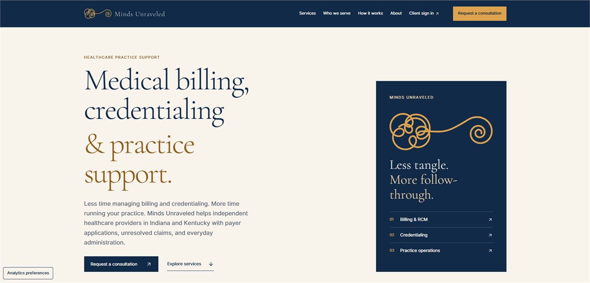 Minds Unraveled public homepage showing billing, credentialing, and practice support