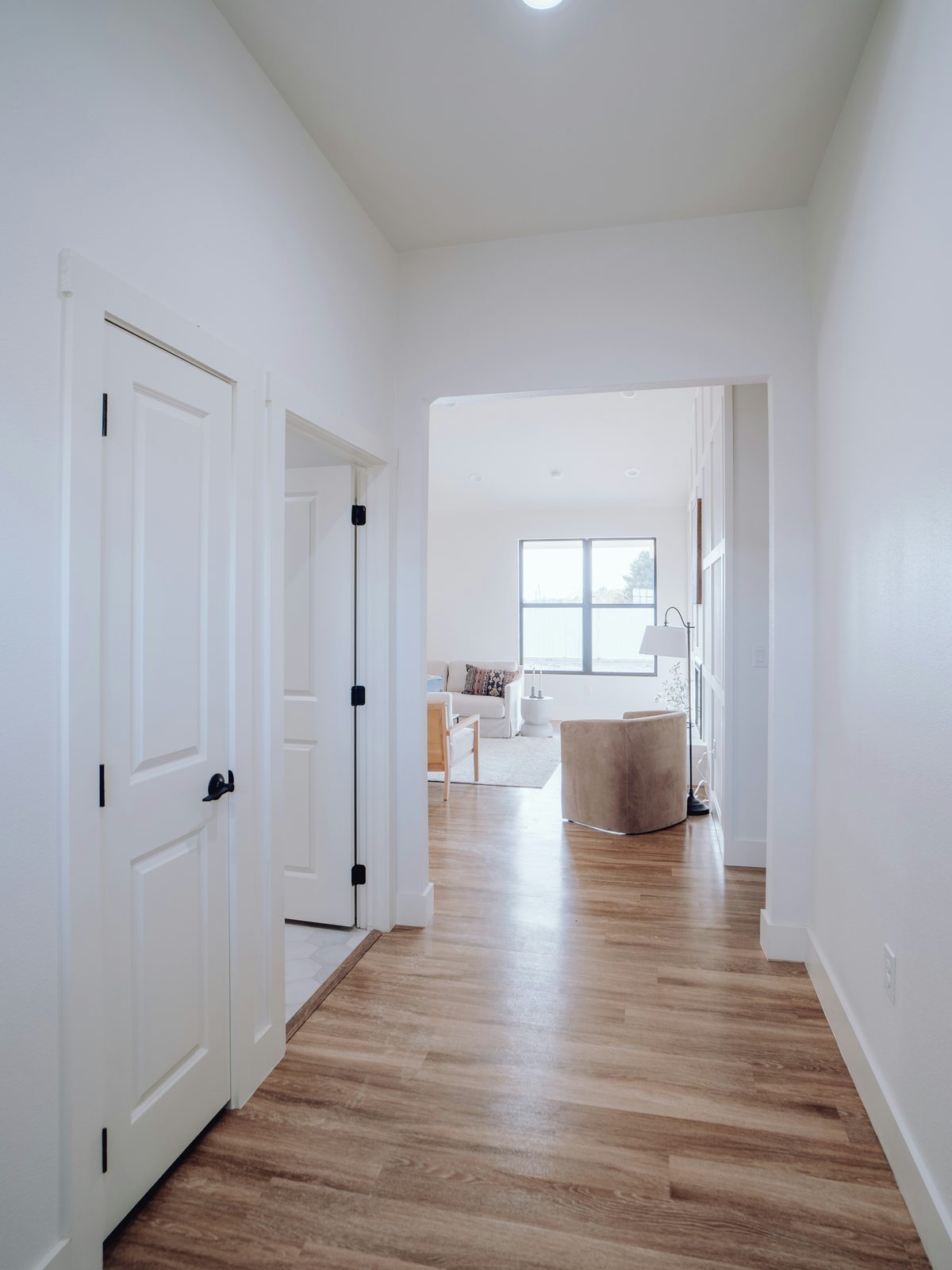 Hallway with white doors and wood-look plank flooring leading to a living room
