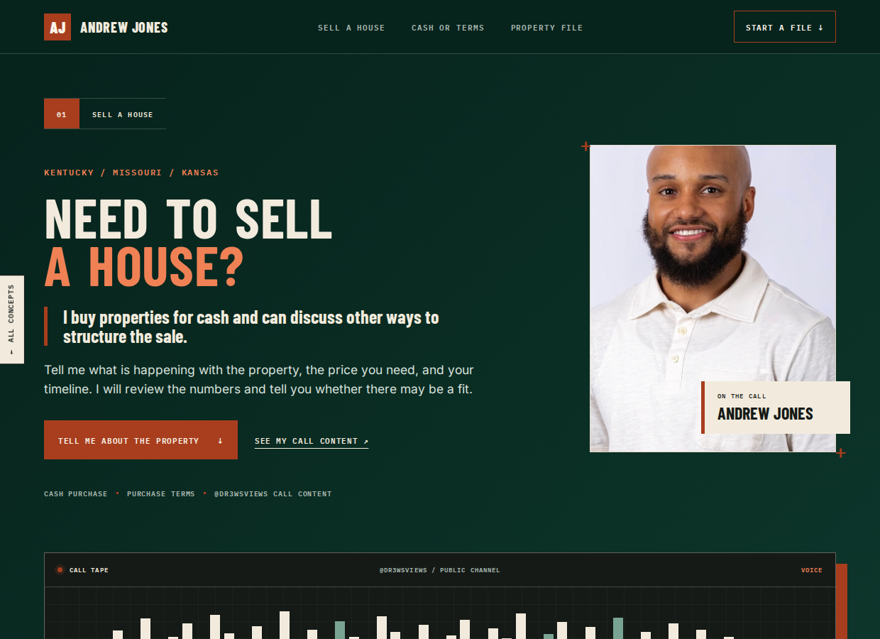 Andrew Jones concept page: sell your house for cash or on purchase terms