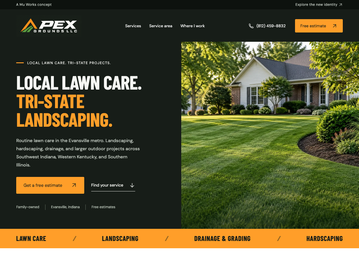 Apex Grounds concept with lawn care services and landscaping project inquiry
