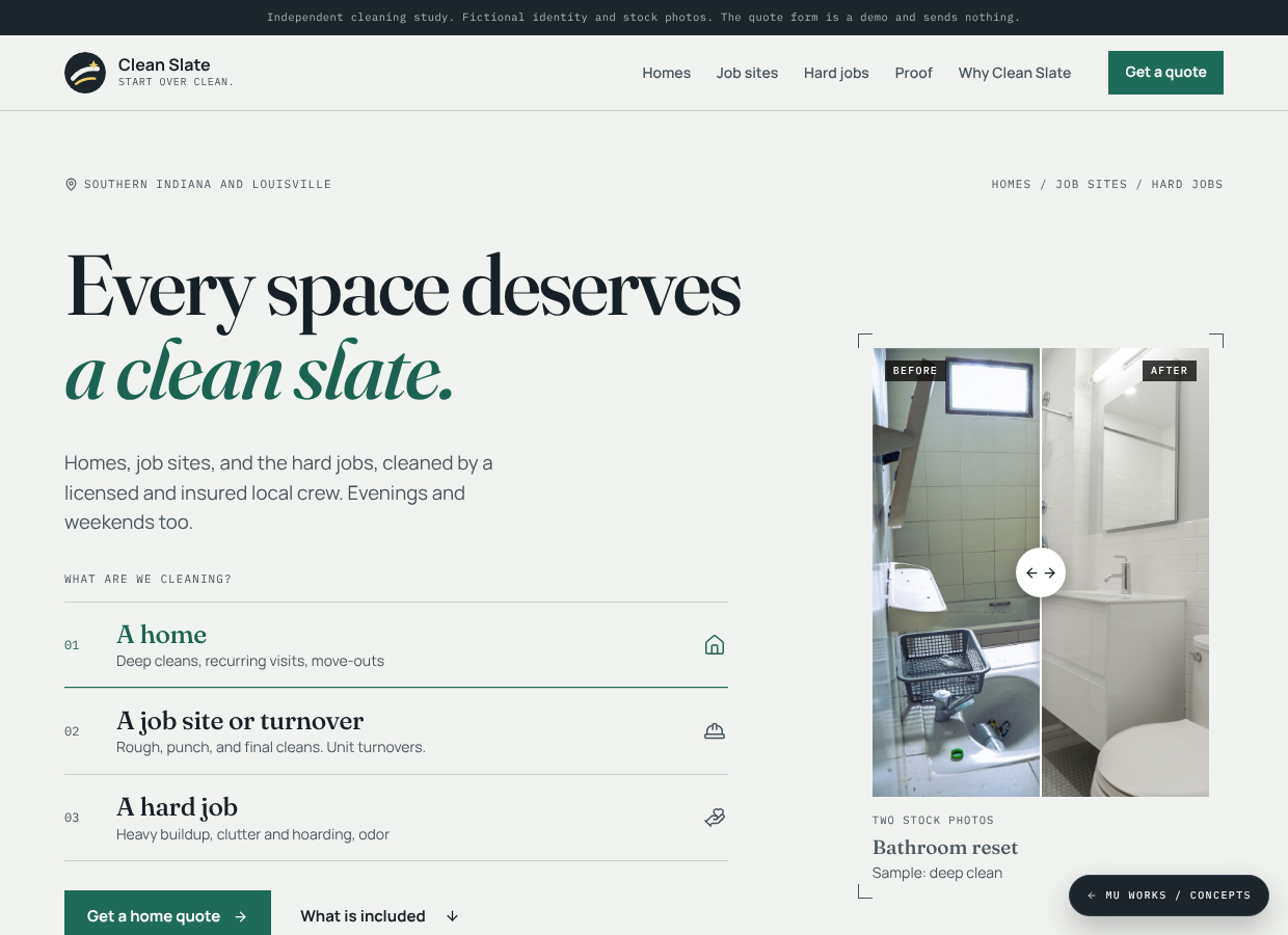 Clean Slate cleaning study homepage asking what needs cleaning, beside a before-and-after comparison