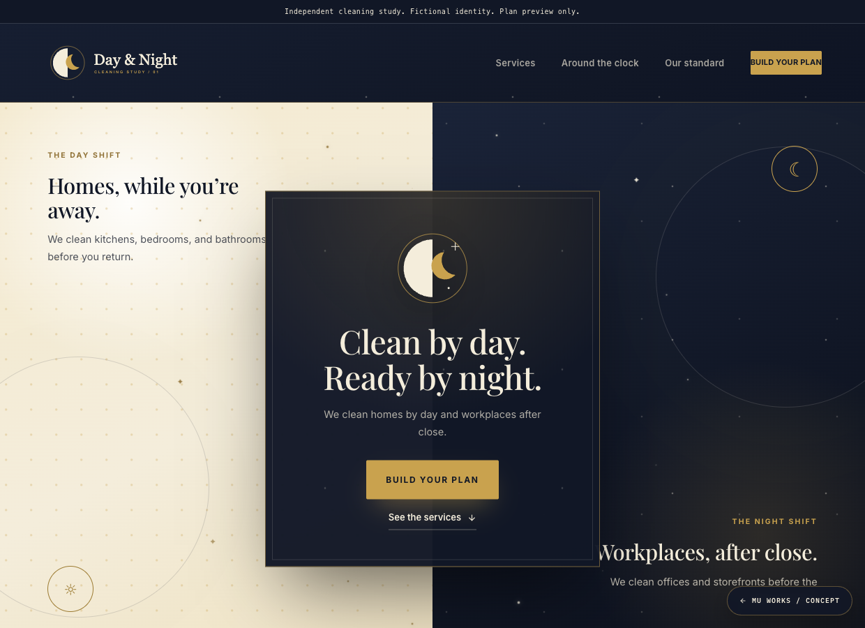 Day and Night cleaning study concept homepage: clean by day, ready by night