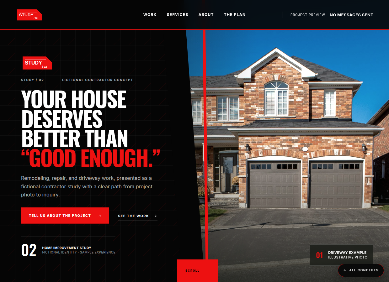 Home Improvement Study concept homepage with an illustrative photo of a brick house and driveway