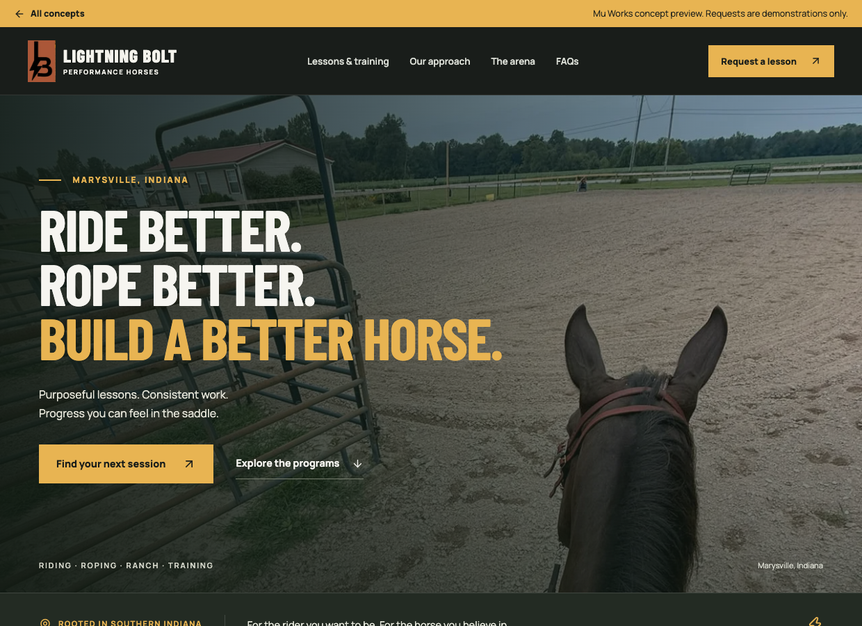 Lightning Bolt Performance Horses concept showing its Marysville arena and lesson request