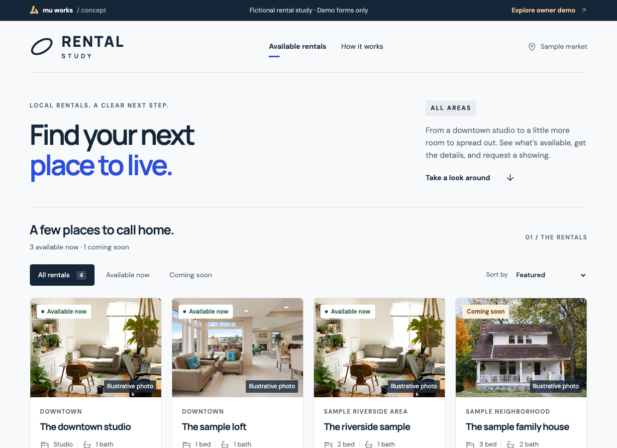 Rental study concept with sample listings and an owner demo