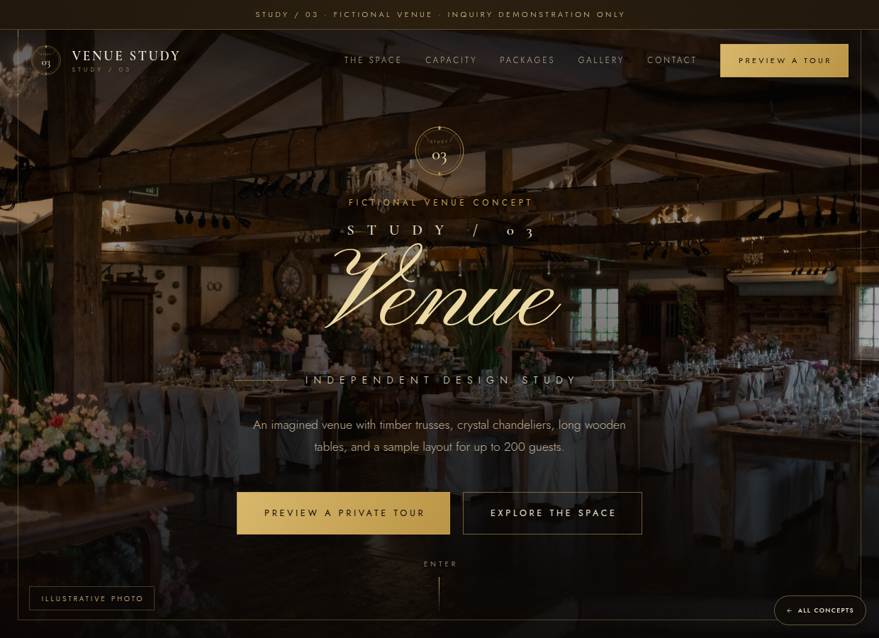 Venue Study concept homepage for weddings, galas, and private events
