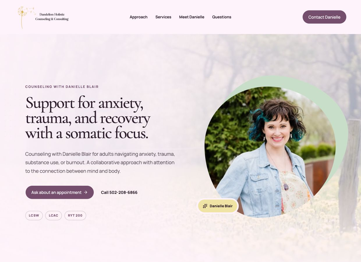 Dandelion Holistic Counseling homepage with Danielle Blair’s portrait and a calm lavender, sage, and gold design