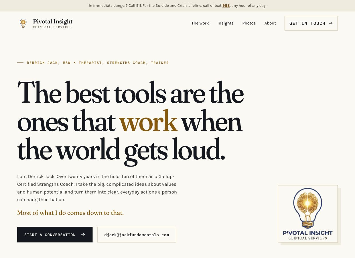 Pivotal Insight homepage with a lightbulb mark and the headline: the best tools are the ones that work when the world gets loud