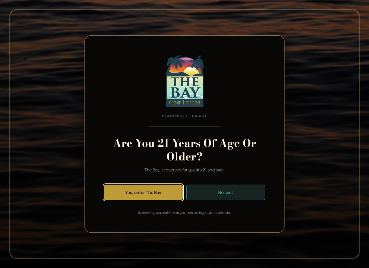 The Bay Cigar Lounge website with its branded age confirmation