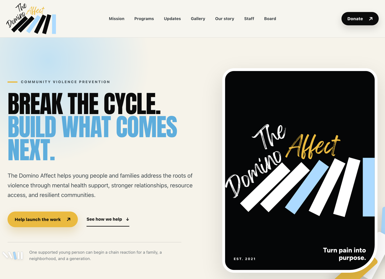 The Domino Affect homepage: break the cycle, build what comes next